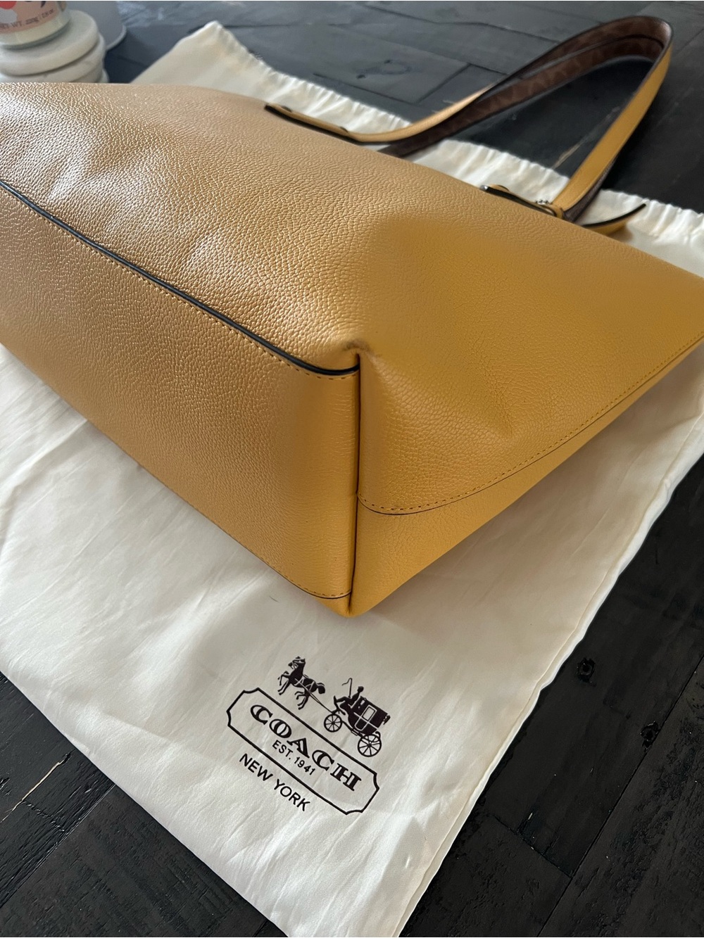 Coach Mustard Yellow Pebble Leather Tote with Charm Tag - Picture 4 of 7